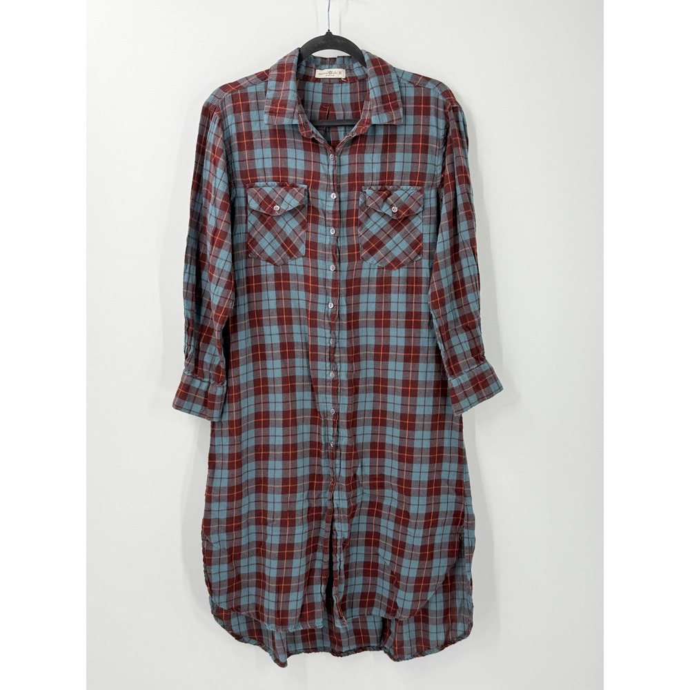 Natural Life Plaid Flannel Nightgown Women M Blue Red Cozy Cabincore Lodge